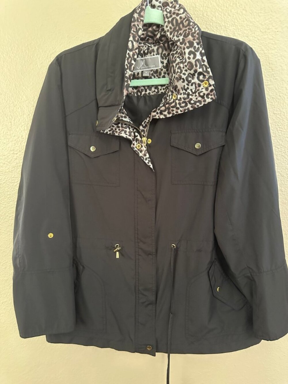 JM Collection Womens Black Jacket Medium Leopard Trim Polyester Drawstring & Zip - Picture 2 of 7